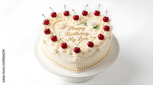 Heart shaped birthday cake with cherries and sweet frosting