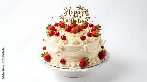 Delicious happy birthday cake with strawberries and cherries