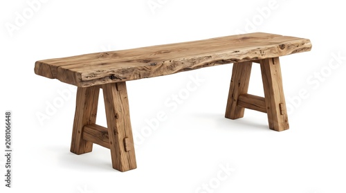 Rustic brown wooden bench made of aged oak wood planks