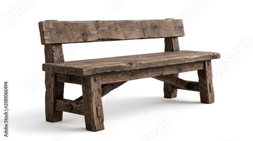 Rustic wooden park bench made of dark timber