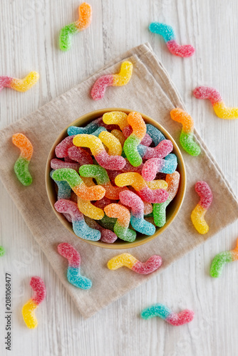 Sugary Sour Gummy Worms in a Bowl, top view.