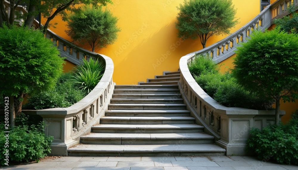 Fototapeta premium Curving stone stairs ascend against a vibrant yellow building wall. Rich green plants and trees frame the pathway. This architectural element offers a sense of journey and natural beauty.