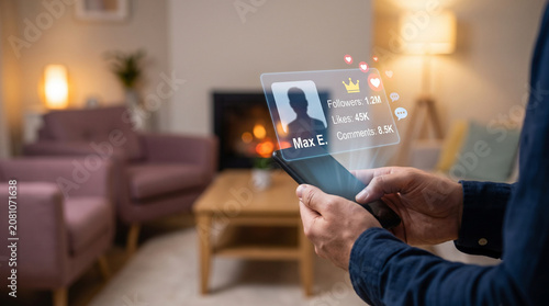 A person holds a modern smartphone displaying a glowing holographic social media profile interface with follower counts and interactive reaction icons in a high quality render.