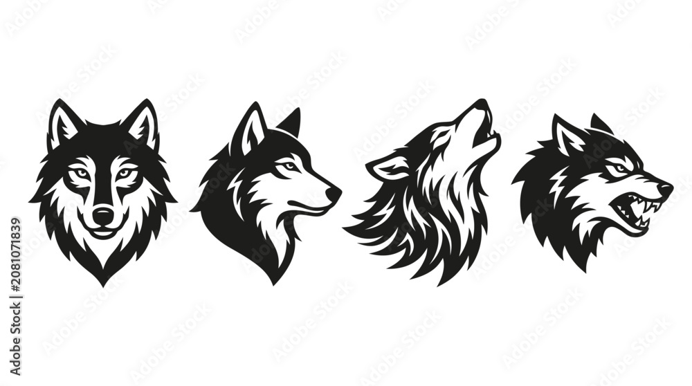 Obraz premium Detailed vector illustration set featuring four different wolf head designs with sharp black ink strokes