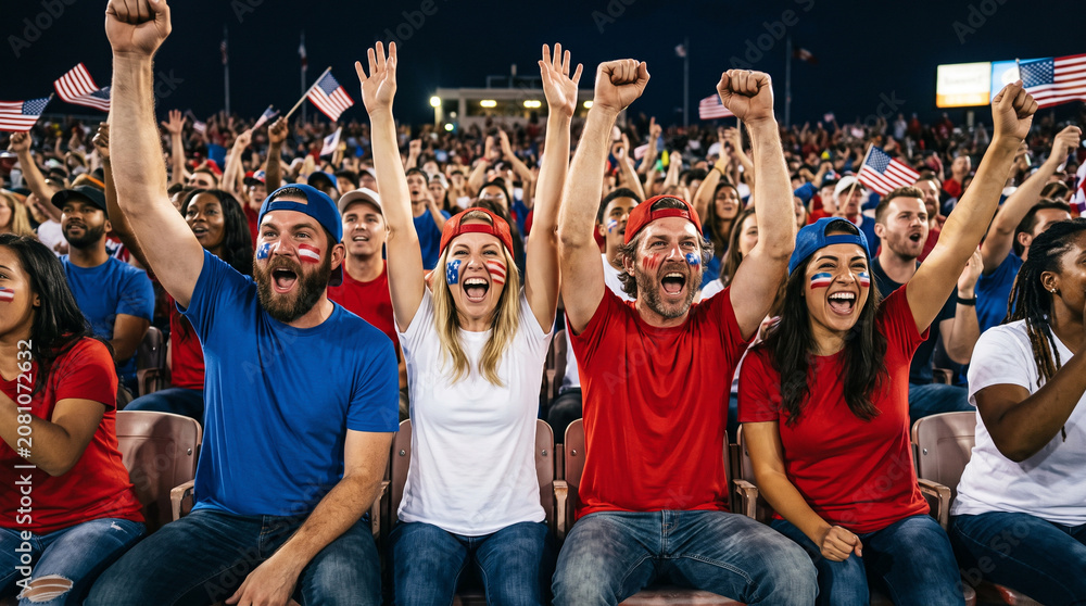 Fototapeta premium Excited american soccer fans with flag face paint celebrating in stadium