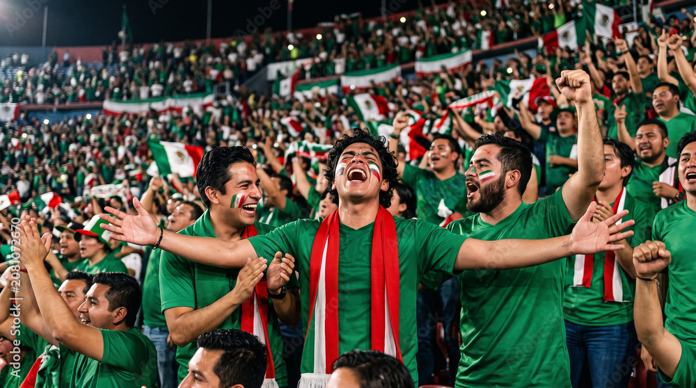 Obraz premium Passionate mexican football fans cheering with flags in crowded stadium at night