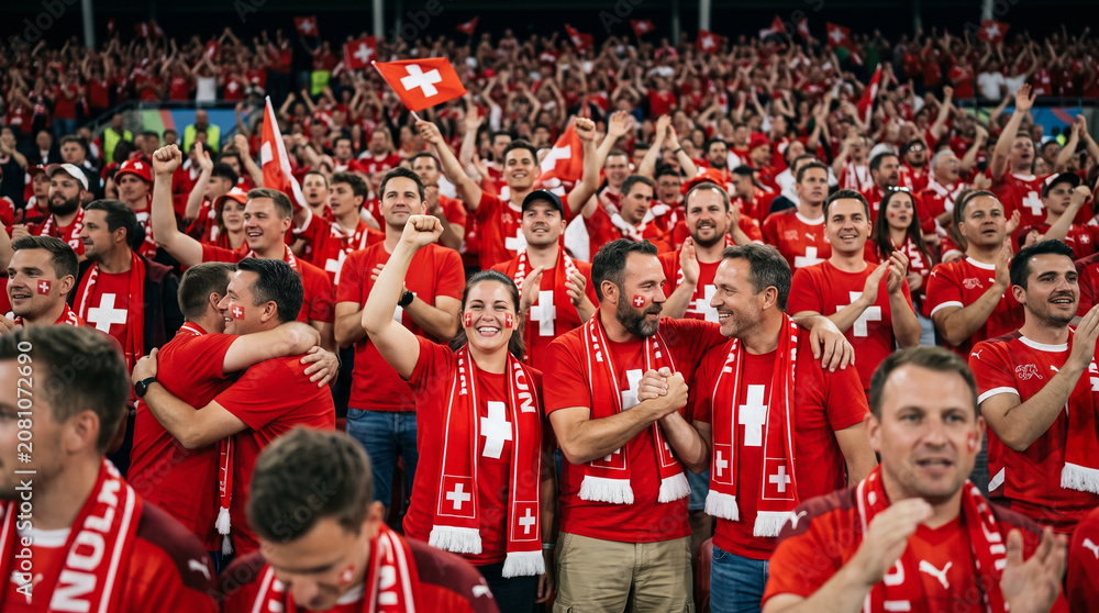 Obraz premium Passionate swiss football fans celebrating in crowded stadium during night match