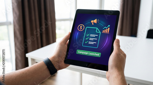 A person holds a digital tablet displaying a vibrant marketing campaign launch graphic with neon icons of a document, megaphone, dollar sign, and growth chart.