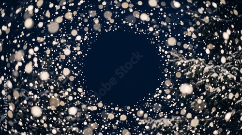 Falling snow with bokeh effect in night garden. Seasonal winter weather background for Christmas. Abstract frozen nature motif with soft white glowing light circles and dark space.