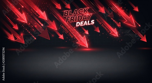 Black Friday sale background with glowing red neon arrows pointing down showing price drop and discount. Digital marketing banner for seasonal shopping event and commerce promotion.