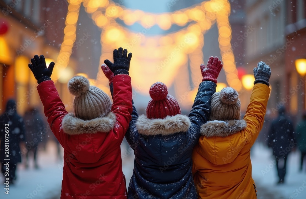 Fototapeta premium Three kids wearing winter coats and hats wave arms up. Snowy street with blurred lights creates festive mood. Children enjoy winter wonderland celebration and holiday spirit.