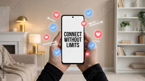 Human hands holding a modern smartphone featuring a glowing screen with the bold text connect without limits surrounded by floating vibrant social media notification icons.
