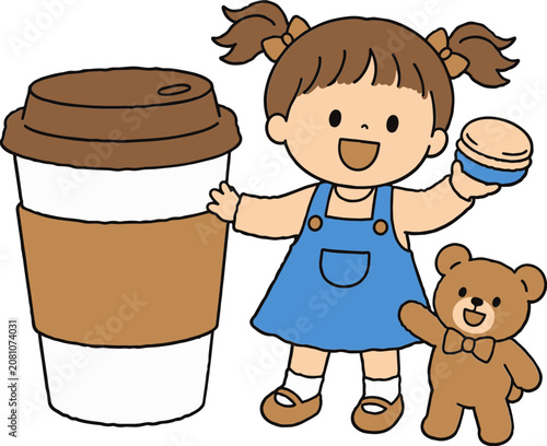 Cute Hand Drawn Girl with Large Takeaway Coffee and Macaron
