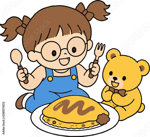 Cute Hand Drawn Girl Excited to Eat Delicious Omurice