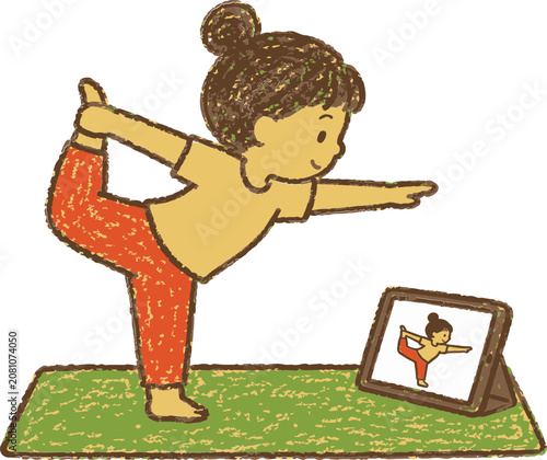 Crayon Hand-Drawn Illustration of a Person Practicing Yoga with a Tablet Coach