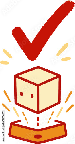 Check mark icon on hologram cube for digital workflow and project tracking