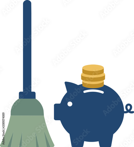 Children's Financial Education Concept Icon: Broom and Piggy Bank
