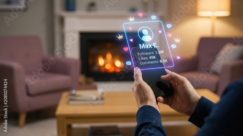 A person holds a smartphone displaying a glowing holographic social media profile interface with floating neon icons representing popularity metrics like followers and likes count