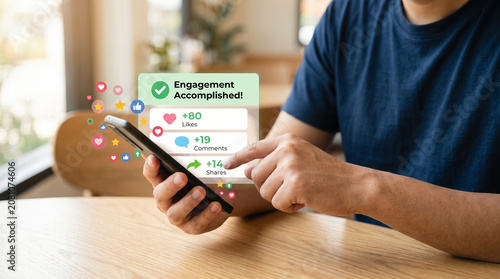 A person uses a smartphone to view a digital social media engagement notification showing likes, comments, and shares with colorful floating icons on the screen.