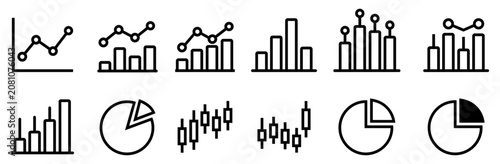 A comprehensive vector icon set of data visualization, including line graphs, bar charts, pie charts, and candlestick charts, ideal for business and financial analysis.