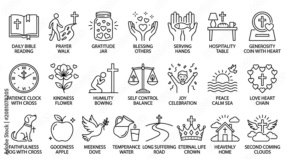 Fototapeta premium Fruit of the Spirit and Christian Virtues Icon Set with Labels – Bible Fruits, Character Traits and Faith Practices in Black Line Art
