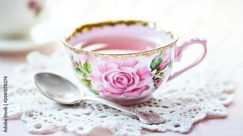 Fototapeta premium Delicate Porcelain Teacup with Hand-Painted Rose