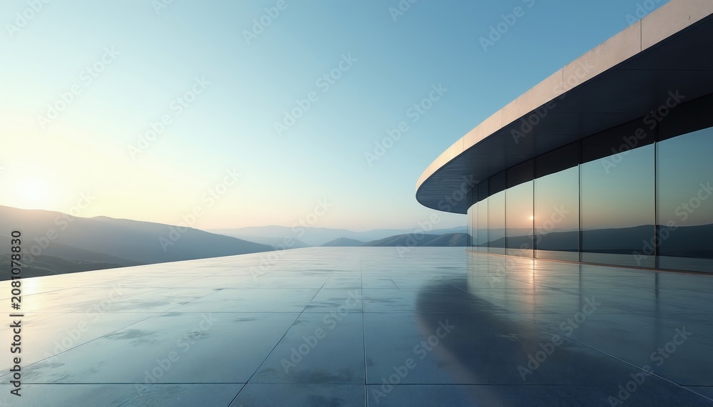 Fototapeta premium Modern building with glass facade overlooks hazy mountains at sunrise. Wide concrete patio reflects clear sky, distant peaks. Open terrace offers expansive view. Minimalist architecture stands