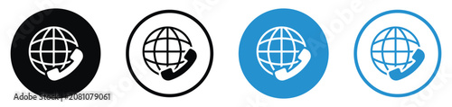 Fotografía Global support icon set with telephone handset and globe grid, vector symbols for international customer service hotline