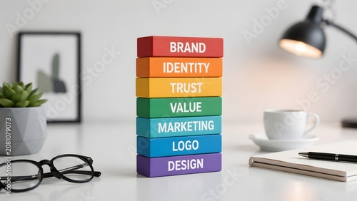 Brand identity and marketing strategy concept shown by stacked wooden blocks featuring corporate values like trust and design.