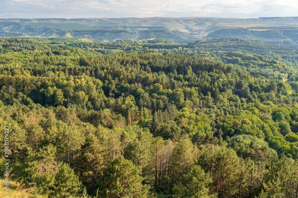 Fototapeta premium Layers of green mountains and hills in the haze during sunset. Panoramic View of Green hills and Meadow.