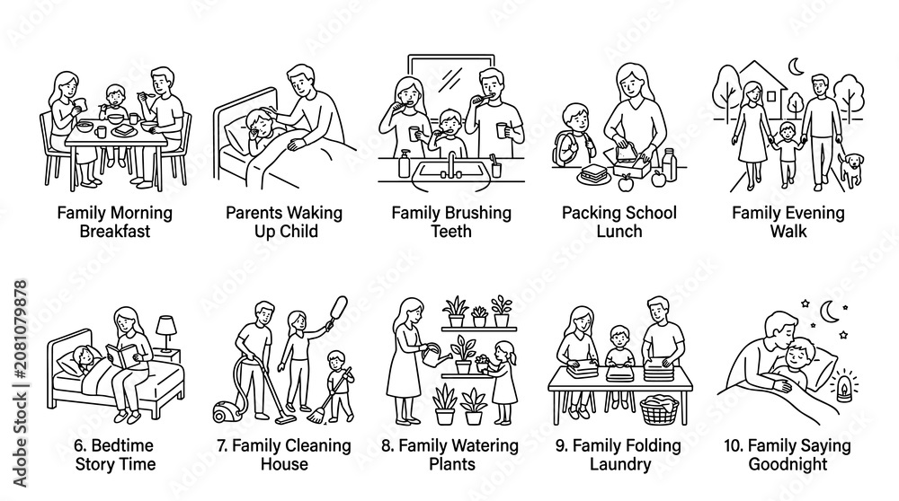 Obraz premium Minimal Family Daily Routine Outline Icon Set Vector Illustration with Monoline Home Activities and Parenting Symbols in Clean Linear Style