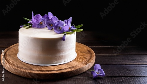 elegant white frosted cake adorned with purple flowers on wooden platter