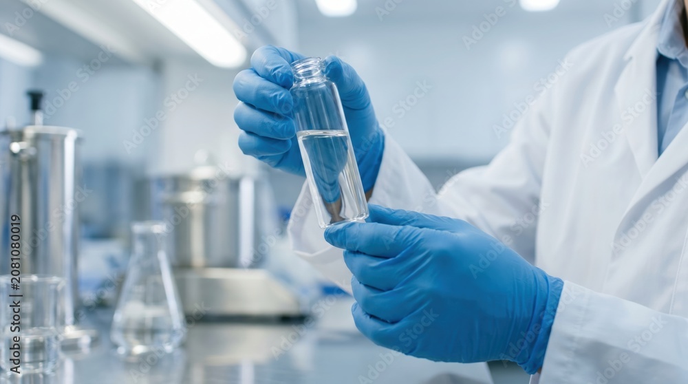 Fototapeta premium Close up of a researcher in a lab coat and blue gloves holding a small glass vial with clear liquid
