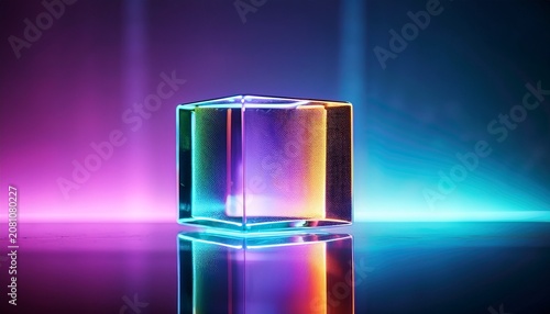 vibrant neon glass cube floating in colorful reflection studio