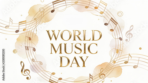 Elegant Golden World Music Day Celebration Banner with Musical Notes and Watercolor Background