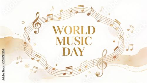 Elegant World Music Day Background with Golden Musical Notes and Clefs
