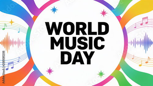 Colorful World Music Day Banner Illustration with Vibrant Musical Notes and Sound Waves