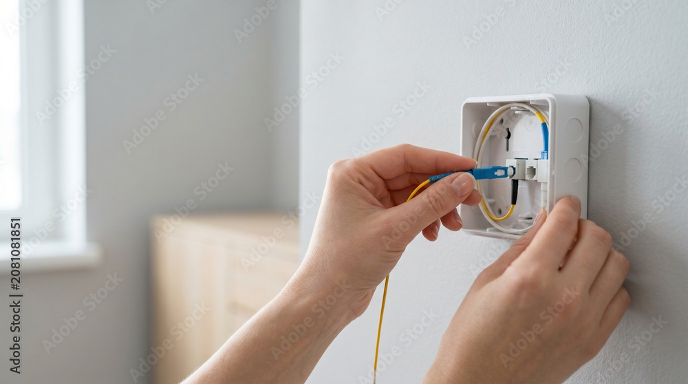 Fototapeta premium Hands install fiber optic cable into wall outlet