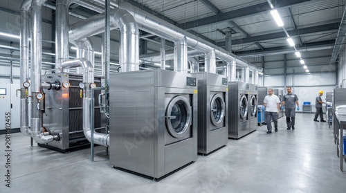 Two workers walking past a row of large commercial stainless steel washing machines in a bright industrial laundry facility