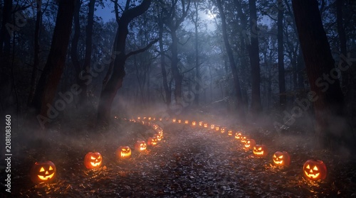 A spooky forest path lined with carved pumpkins, illuminated by their own glow, under a full moon. Fog drifts through the trees, creating an eerie atmosphere for Halloween