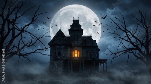 A spooky haunted house bathed in moonlight, with bats flying across the night sky and fog creeping along the ground