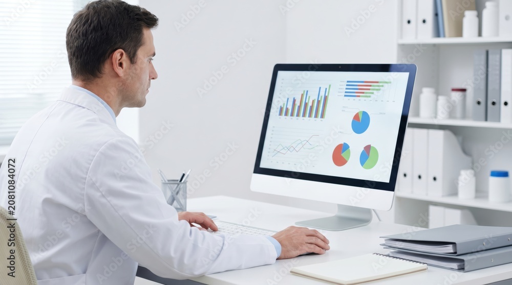 Fototapeta premium Male doctor in a white coat analyzing medical statistics and charts on a computer monitor in an office
