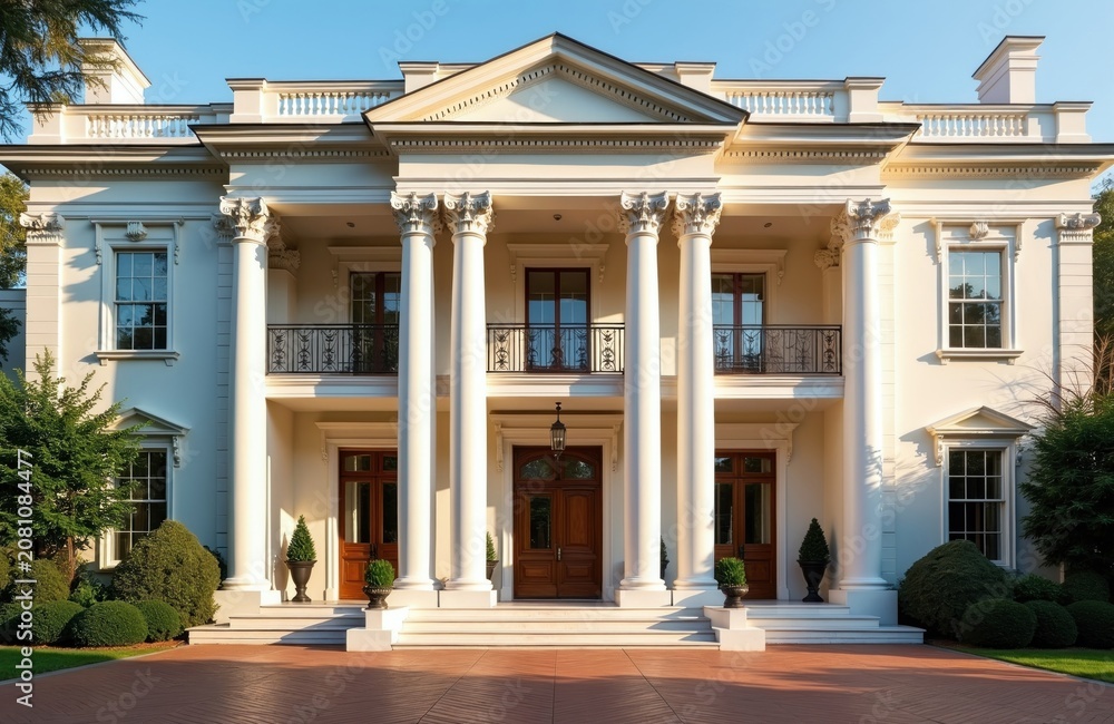 Obraz premium Grand neoclassical mansion exterior front view. Large white marble columns support portico with balconies. Elegant wood doors, manicured gardens, sunny clear sky. Luxury residence facade.