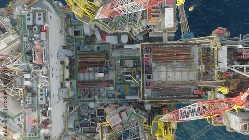 Aerial panoramic view of offshore jack up rig and offshore platform for oil and gas exploration and production. 