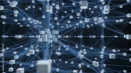 Abstract Blockchain Network of White Cubes Connecting with Blue Data Lines Isolated on Solid Background, 3D Render Animation