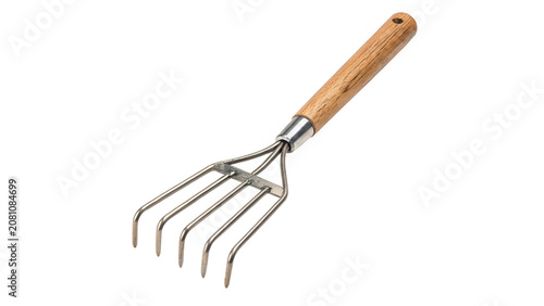 Small wooden handle steel garden hand rake tool isolated on a transparent background