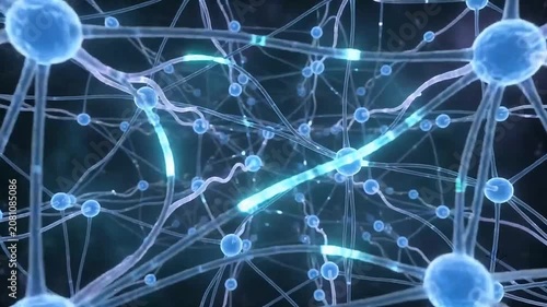 Glowing blue neurons firing electrical signals through a complex neural network, cinematic 3D animation of brain activity and artificial intelligence