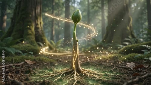 Magical Seed Growing into a Tree with Glowing Energy Roots in a Sunlit Forest, Cinematic Time-lapse Animation