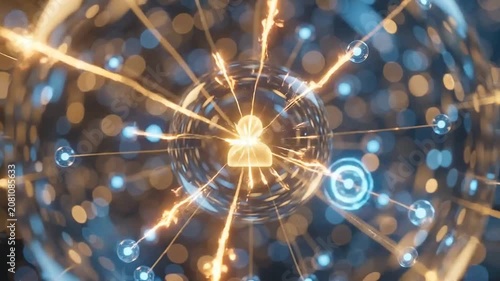Glowing Human Profile Icon Inside Glass Sphere Connecting to Digital Network with Energy Pulses, Abstract Technology Background