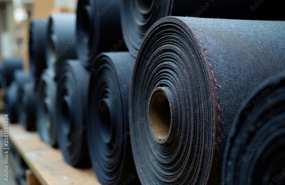 Fototapeta premium Rolled dark indigo denim fabric stacks. Raw selvedge textile material on wooden shelves. Closeup view of textile manufacturing rolls in warehouse.